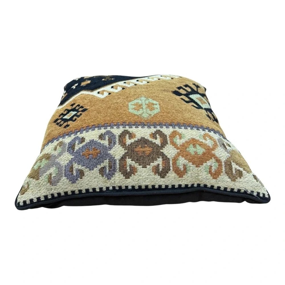 Southwestern Kilim Tapestry Throw Pillow 16x16 Geometric Boho Aztec Brown Black